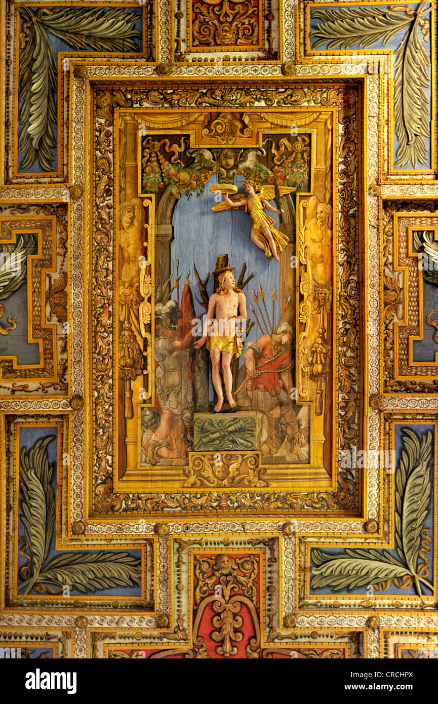 St. Sebastian on the wooden coffered ceiling of the Basilica of San Sebastiano fuori le mura above the Catacombs of San Stock Photo