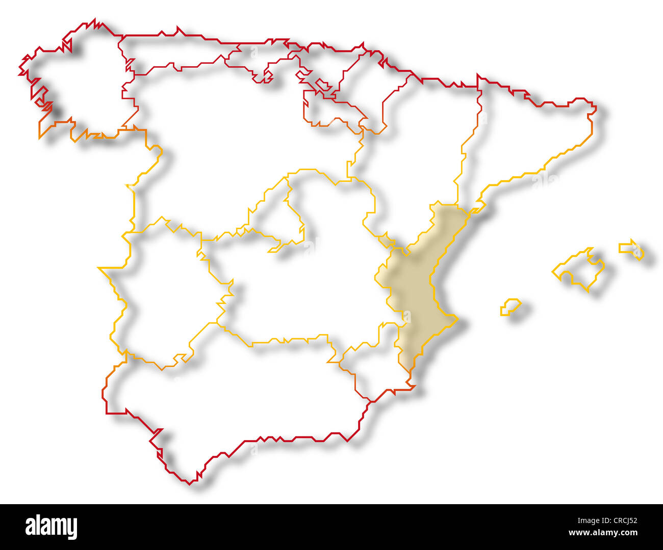 Political map of Spain with the several regions where the Valencian Community is highlighted. Stock Photo