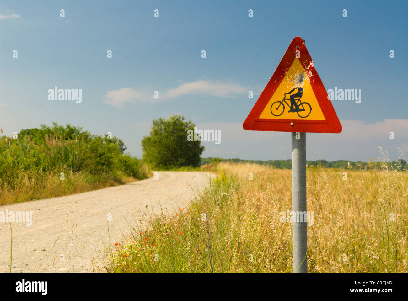 attention bikers. Traffic sign destroyed by vandals, Greece, Thessalien, Stomio Stock Photo