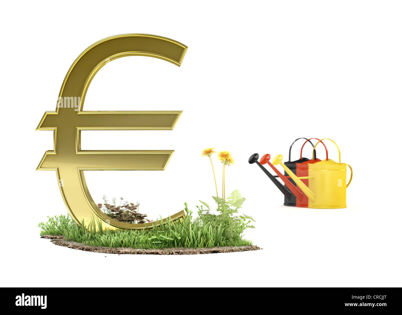Euro symbol beside watering cans in the German national colours, symbolic image of a euro plant, illustration, 3D visualisation Stock Photo