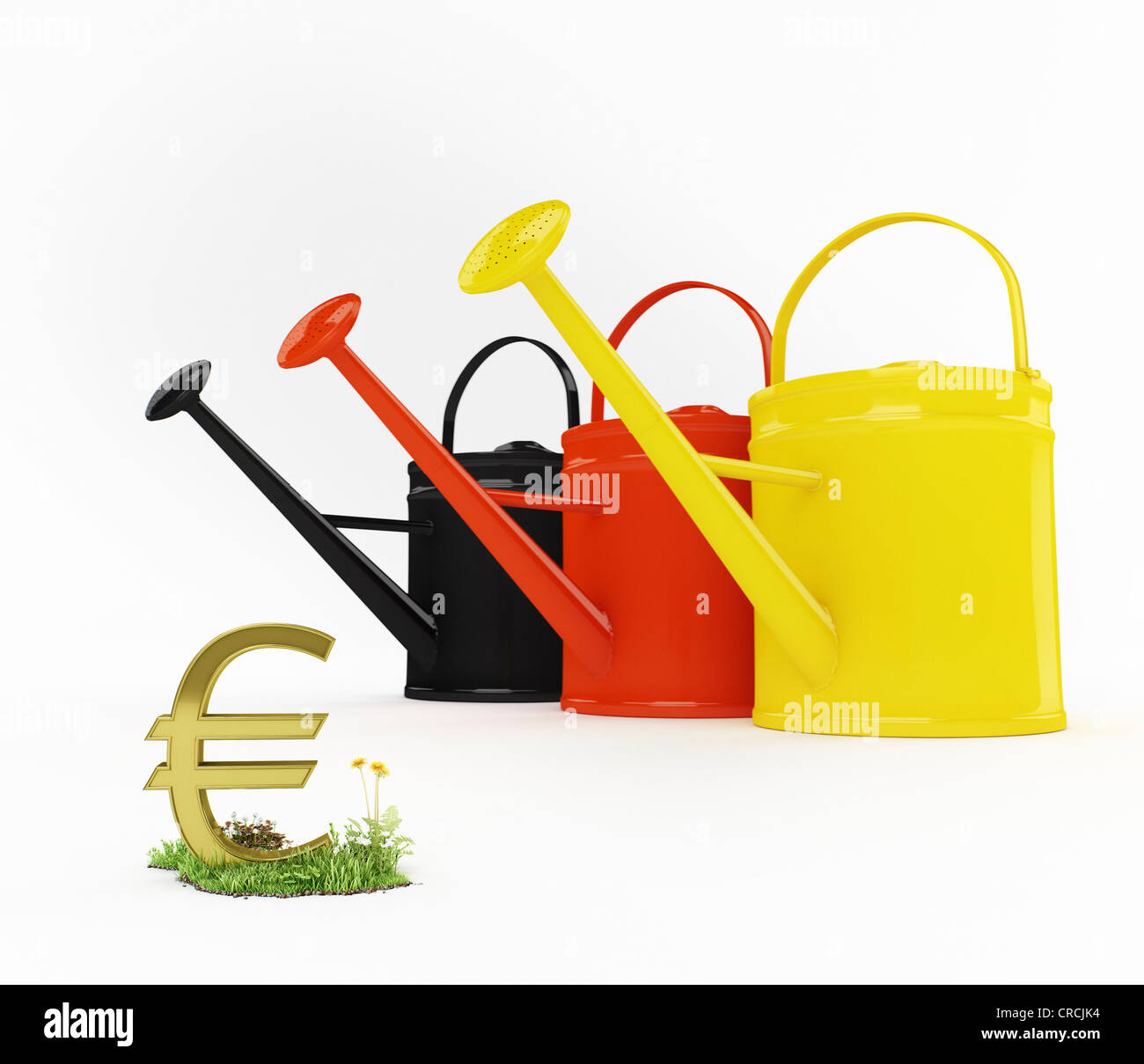 Watering cans in the German national colours beside a euro symbol, symbolic image of a euro plant, illustration Stock Photo