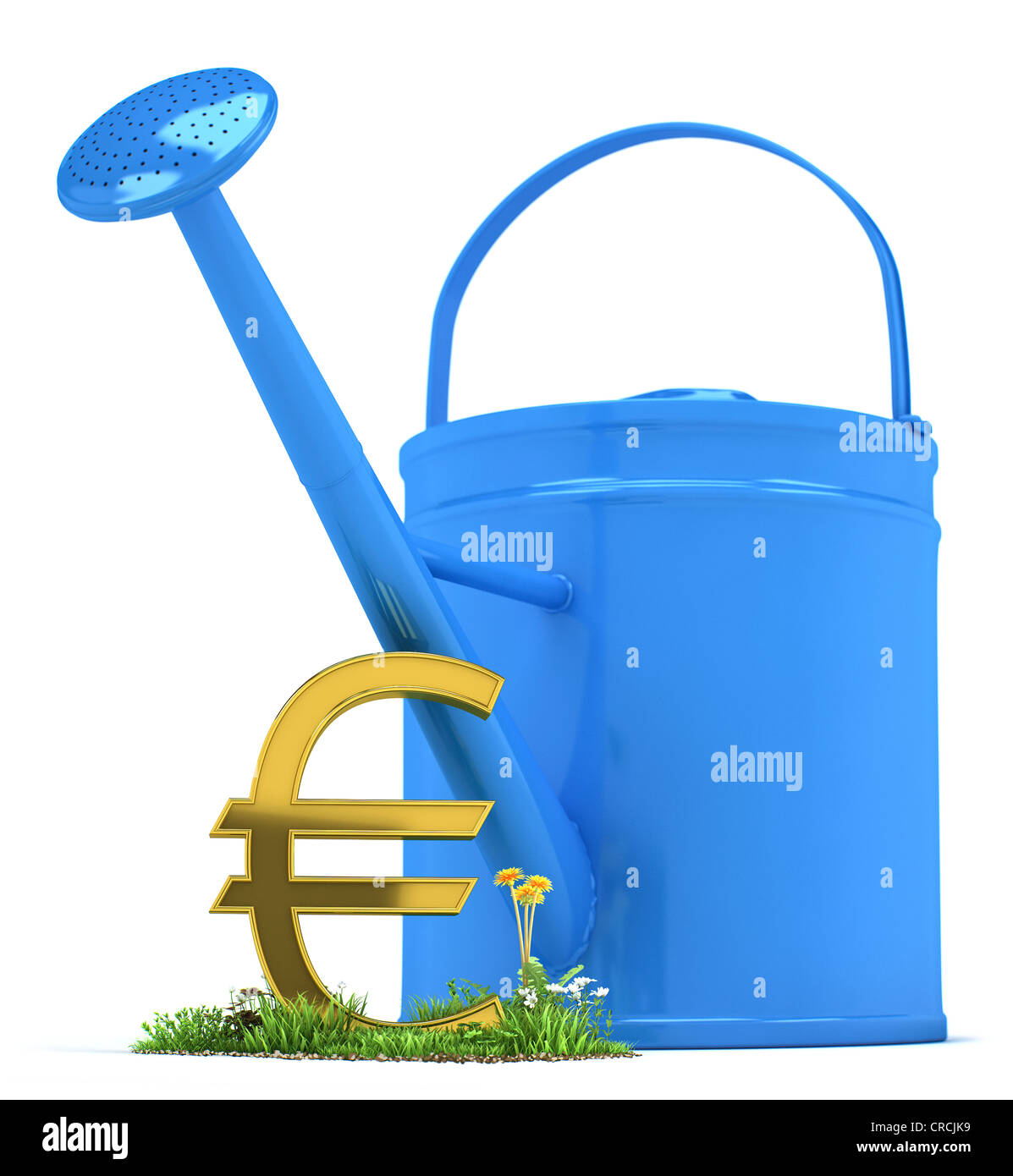 Watering can beside a euro symbol, symbolic image of a euro plant, illustration, 3D visualisation Stock Photo