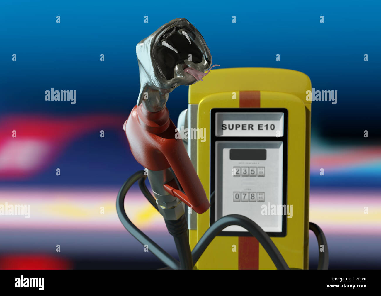 Petrol pump labelled with Super E10, with the nozzle in the form of a serpent's head, symbolic image Stock Photo