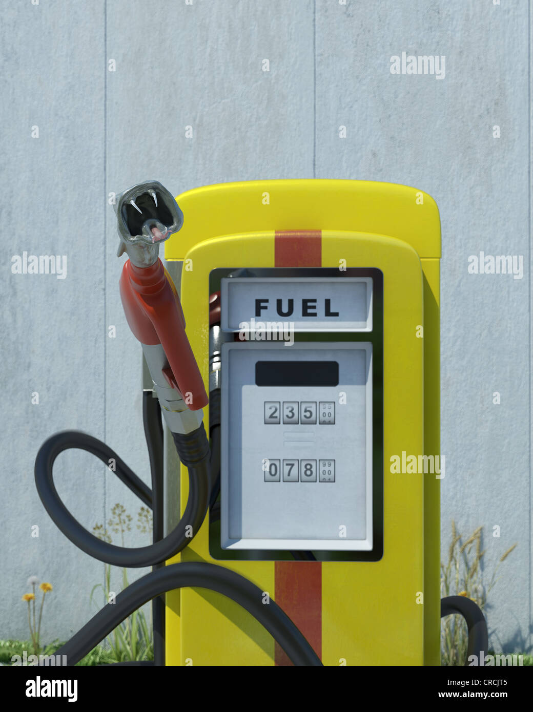 Petrol pump labelled with Fuel, with the nozzle in the form of a serpent's head, symbolic image Stock Photo