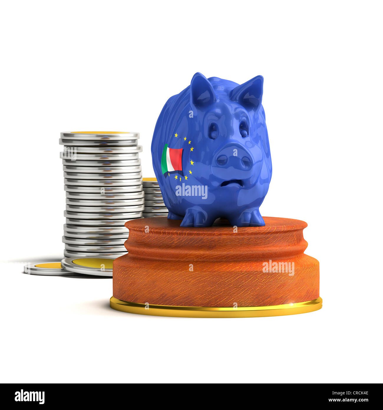 Piggy bank with an Italian flag in front of a stack of coins Stock Photo