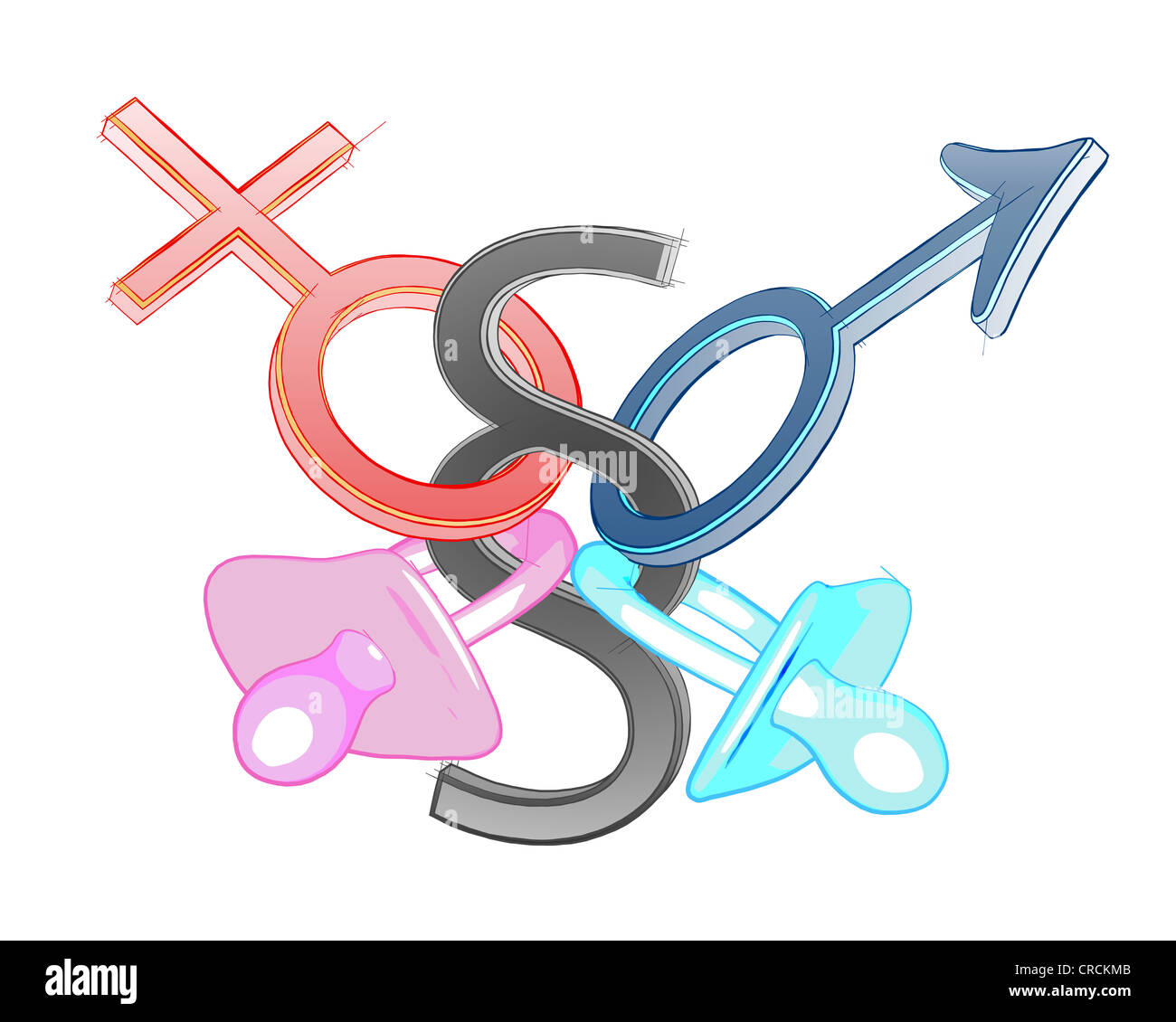 Mars and Venus symbols connected to pacifiers and a German legal paragraph symbol, illustration, symbolic image for marriage law Stock Photo