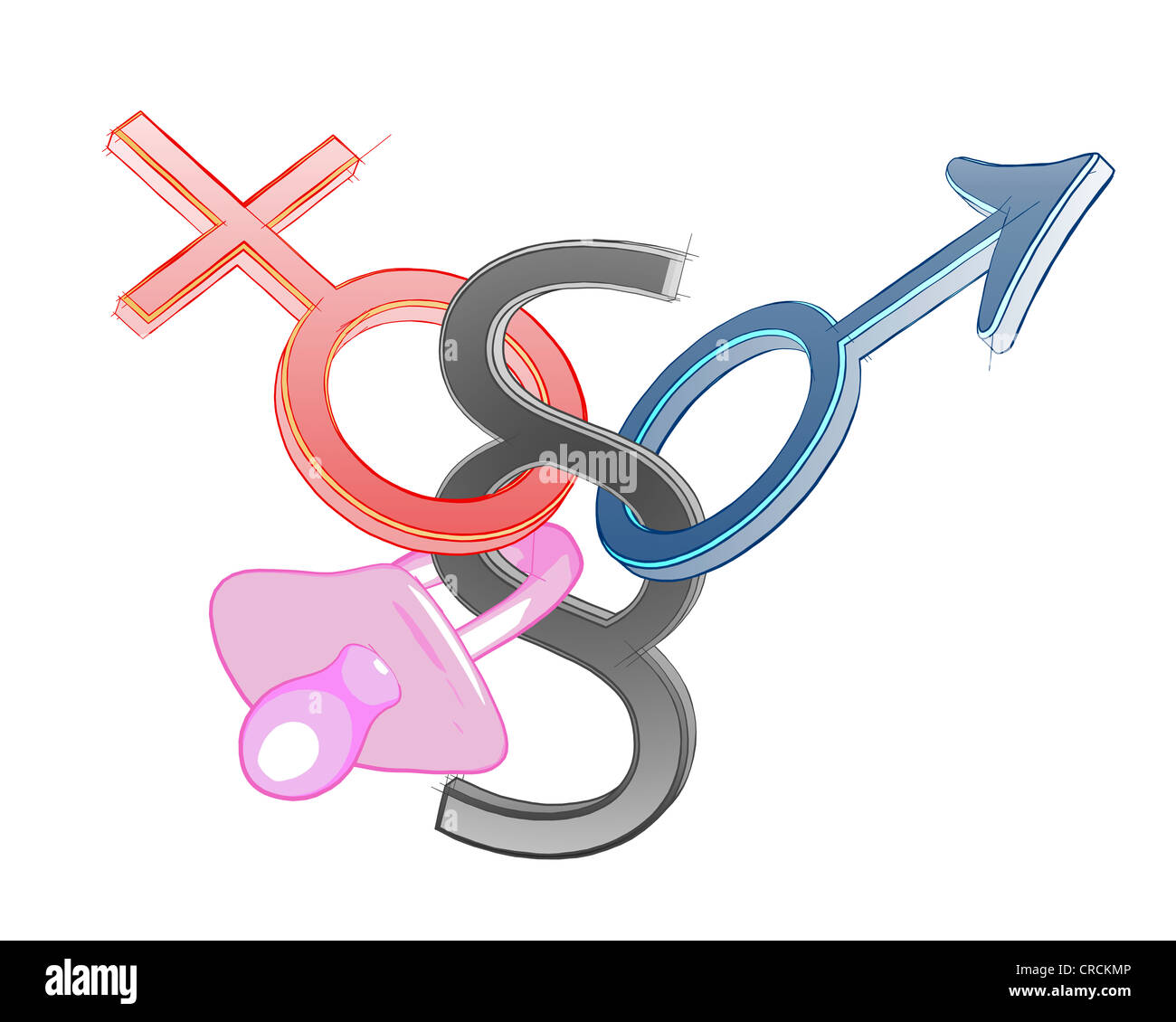 Mars and Venus symbols connected to a pacifier and a German legal paragraph symbol, illustration Stock Photo