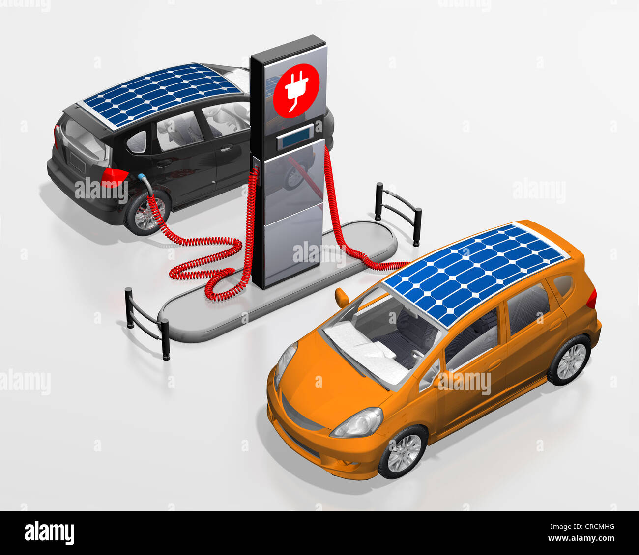 Electric cars with solar roofs at a power station, illustration Stock ...
