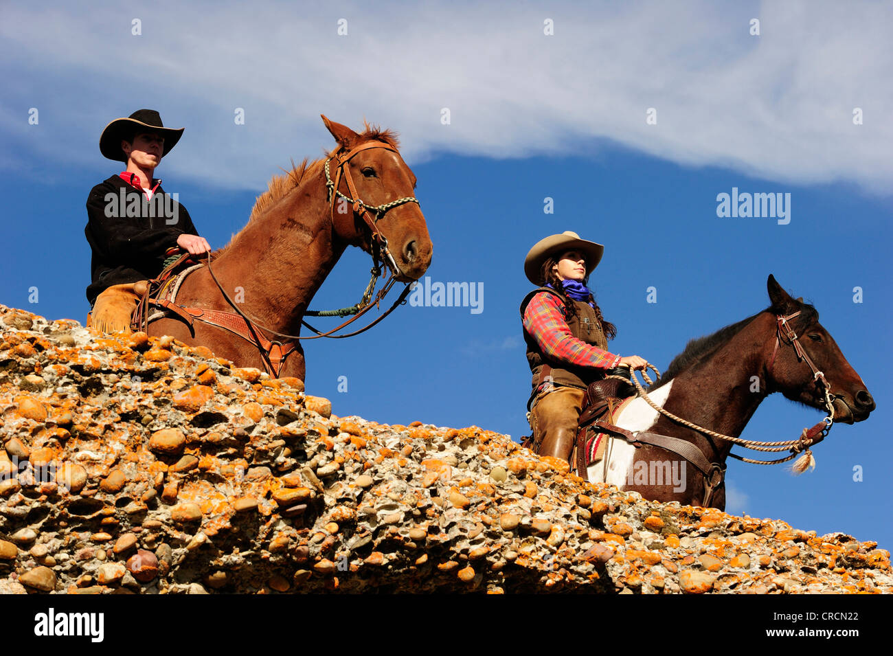 Cowboy and cowgirl on horses looking into the distance, Saskatchewan, Canada, North America Stock Photo