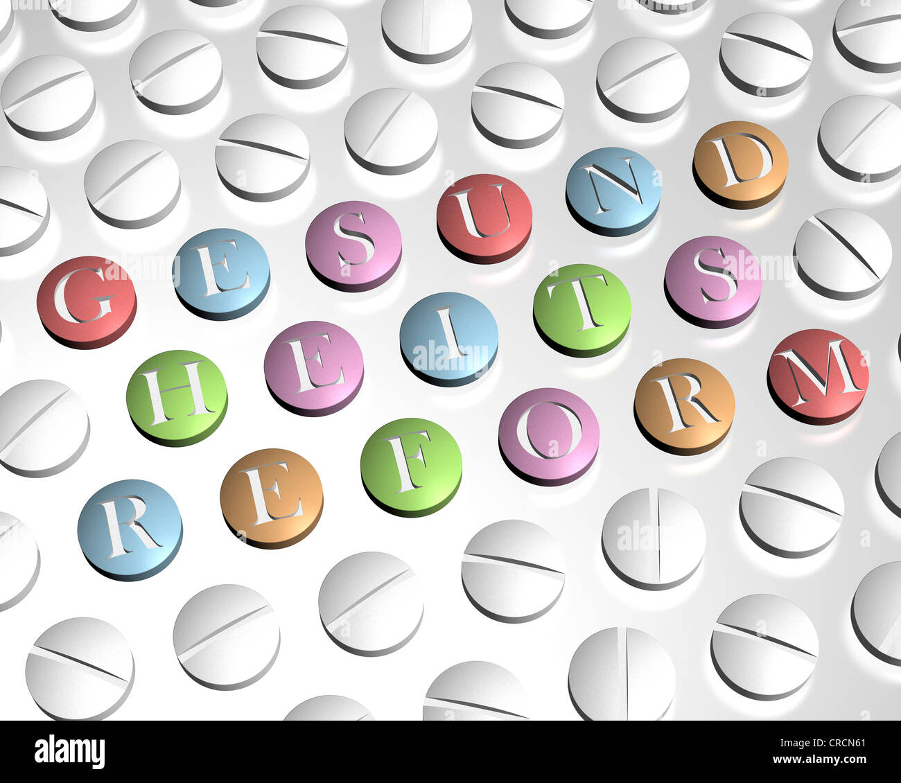 Tablets spelling the word Gesundheitsreform, symbolic image for the German health care reform, illustration Stock Photo