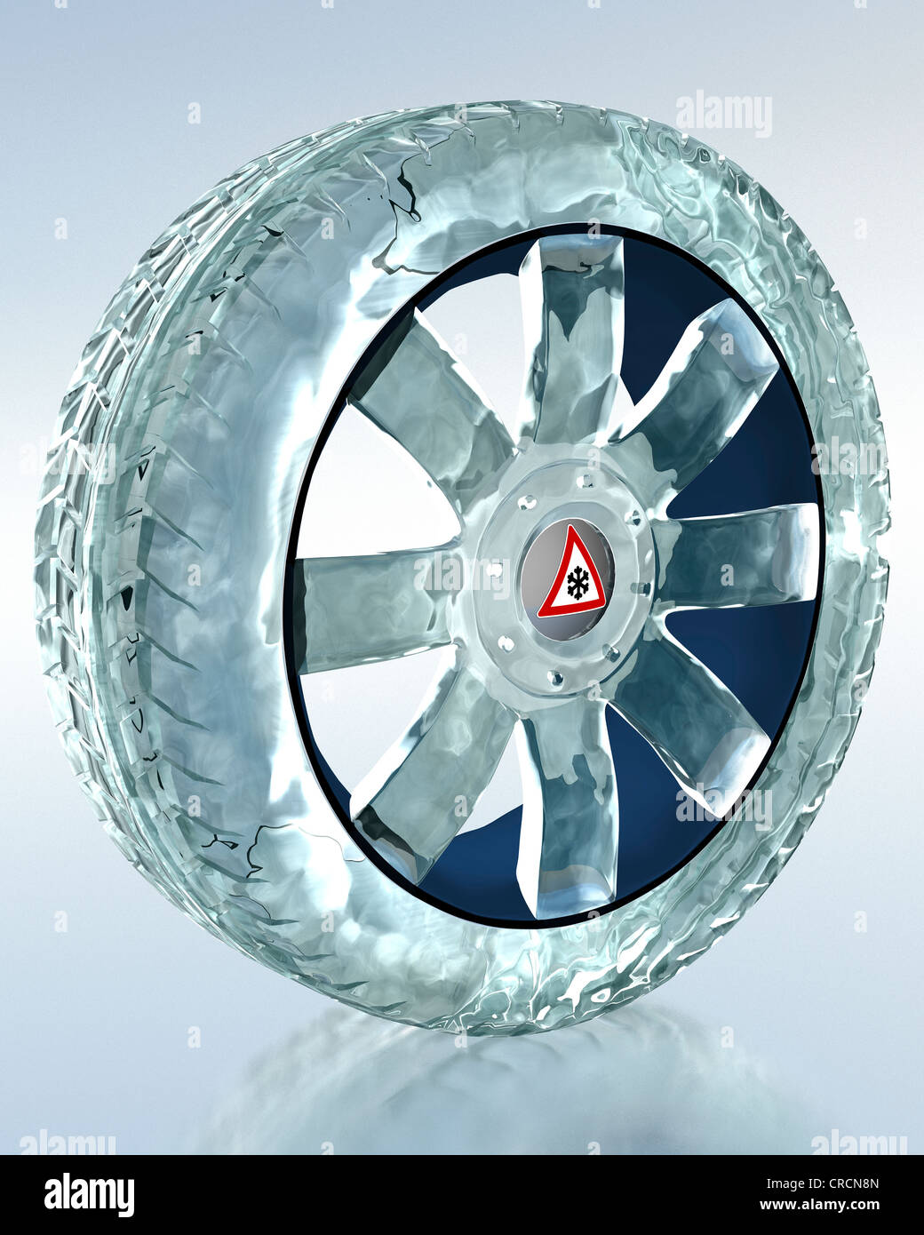 Car tyre made of ice, symbolic image for the mandatory use of winter