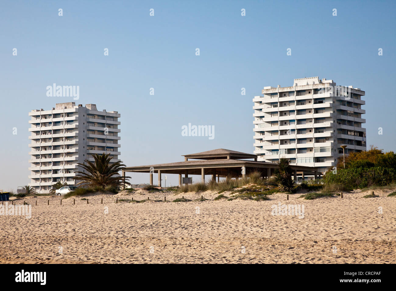 Apartment towers, unfinished buildings on the beach of Alvor, Algarve region, Portugal, Europe Stock Photo