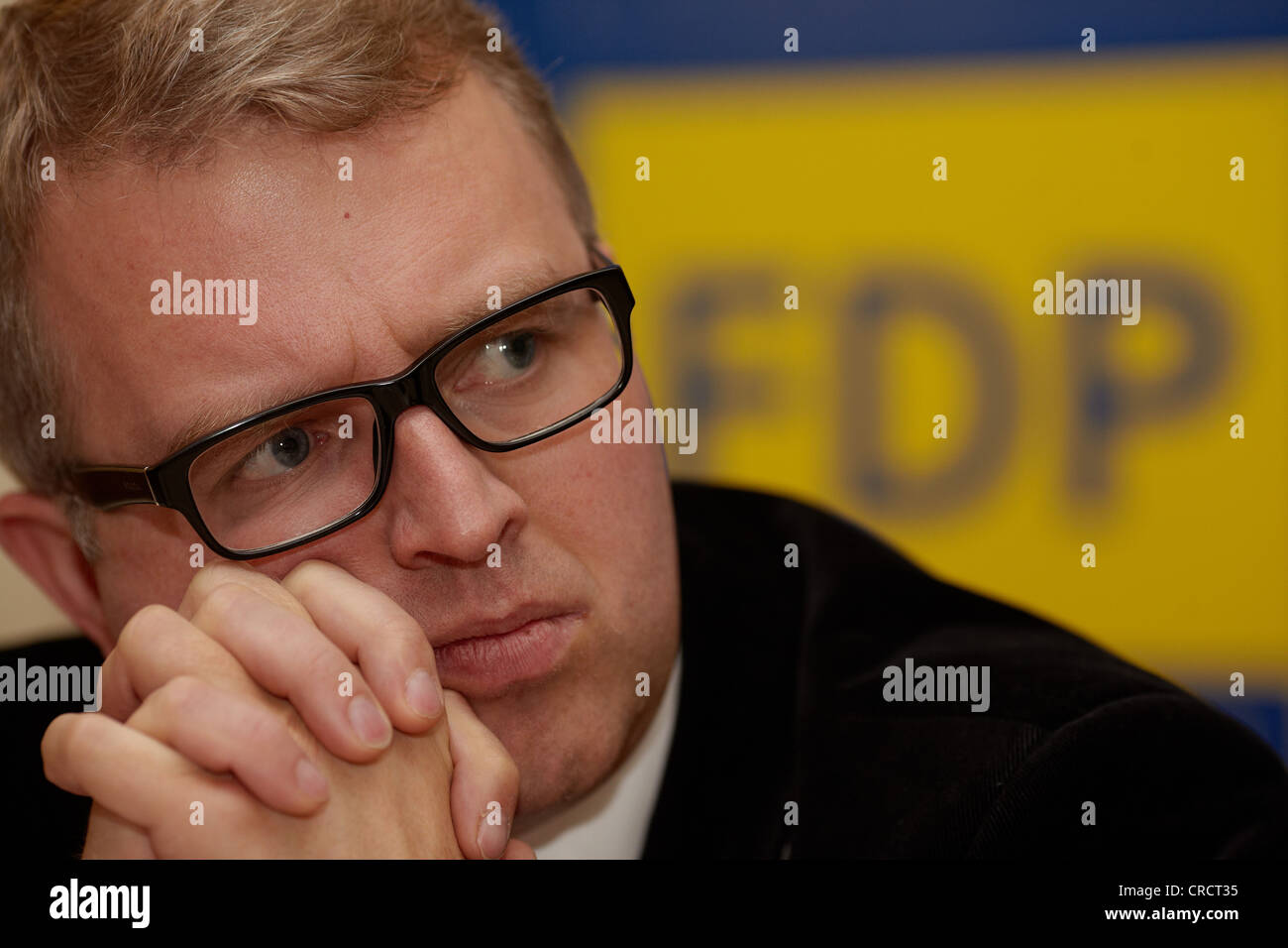 Euro-critic Frank Schaeffler, member of Parliament for FDP, Free Democratic Party, at a discussion meeting, Plaidt Stock Photo
