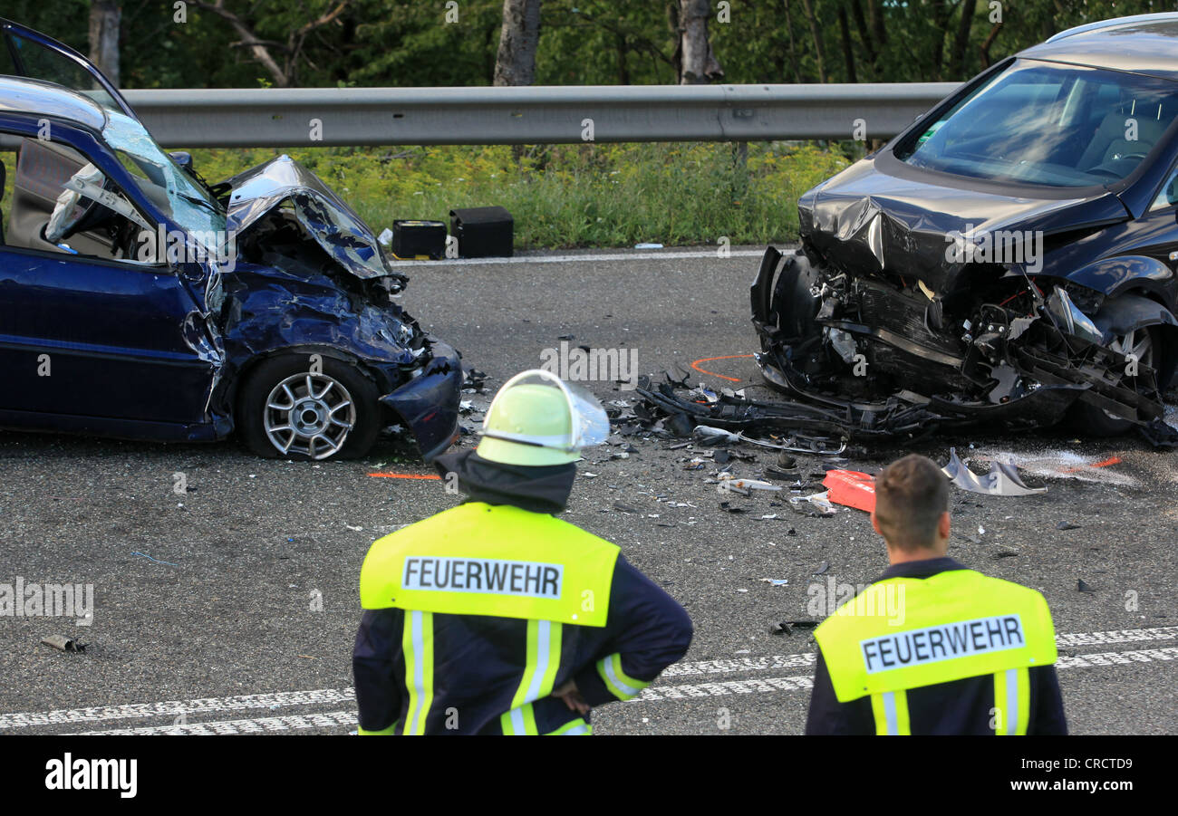 Collision of two cars and a motorcycle, one person was killed, B327 federal highway near Waldesch, Rhineland-Palatinate Stock Photo