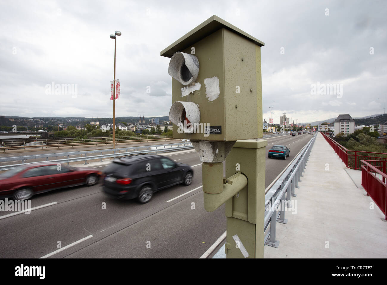 Speed camera on Europabruecke bridge, Koblenz, Rhineland-Palatinate, Germany, Europe Stock Photo