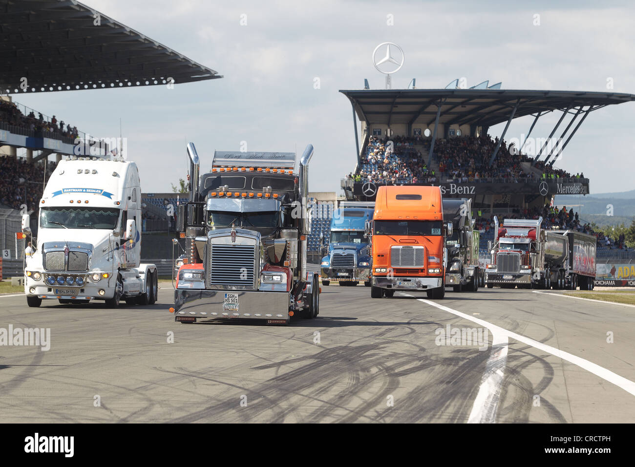 Parade of US trucks at the Truck Grand Prix on the Nuerburgring race track, Rhineland-Palatinate, Germany, Europe Stock Photo