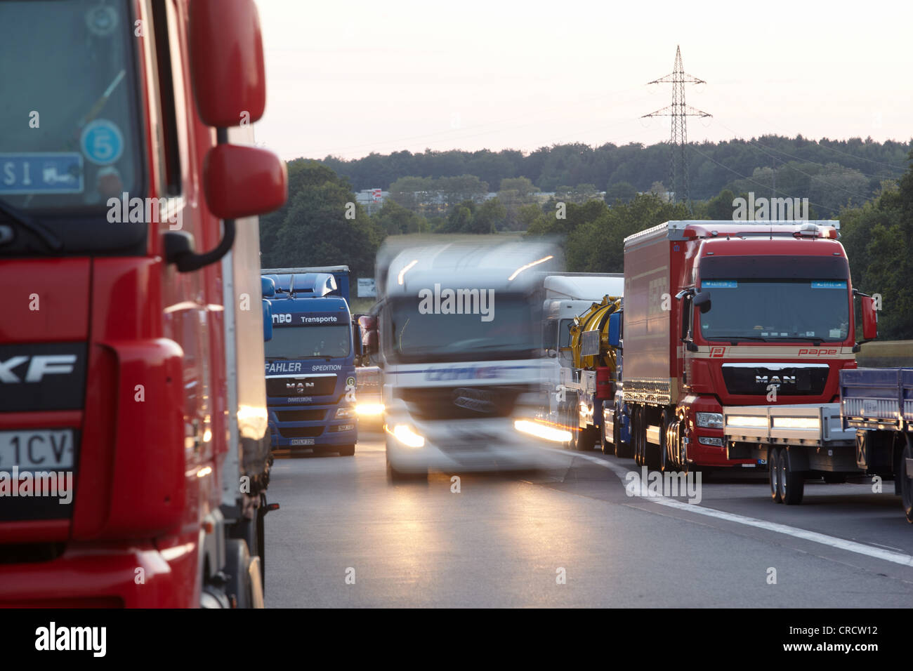 Trucks on the Montabaur-Heiligenroth motorway station on the A3 highway, Montabaur, Rhineland-Palatinate, Germany, Europe Stock Photo