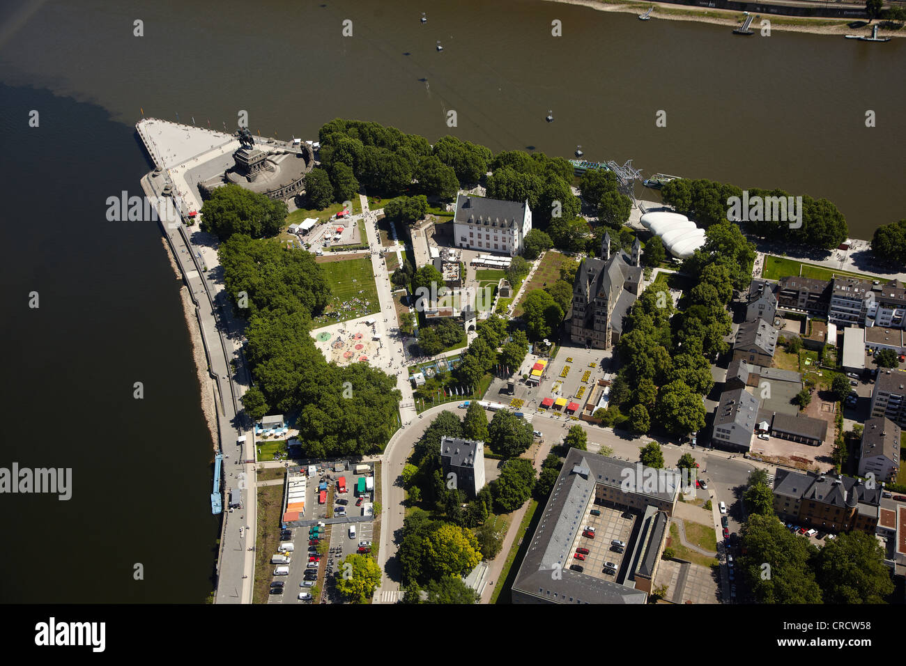 Aerial view, Deutsches Eck, German Corner, amidst the site of the Bundesgartenschau, Federal Garden Show, BUGA 2011, Koblenz Stock Photo