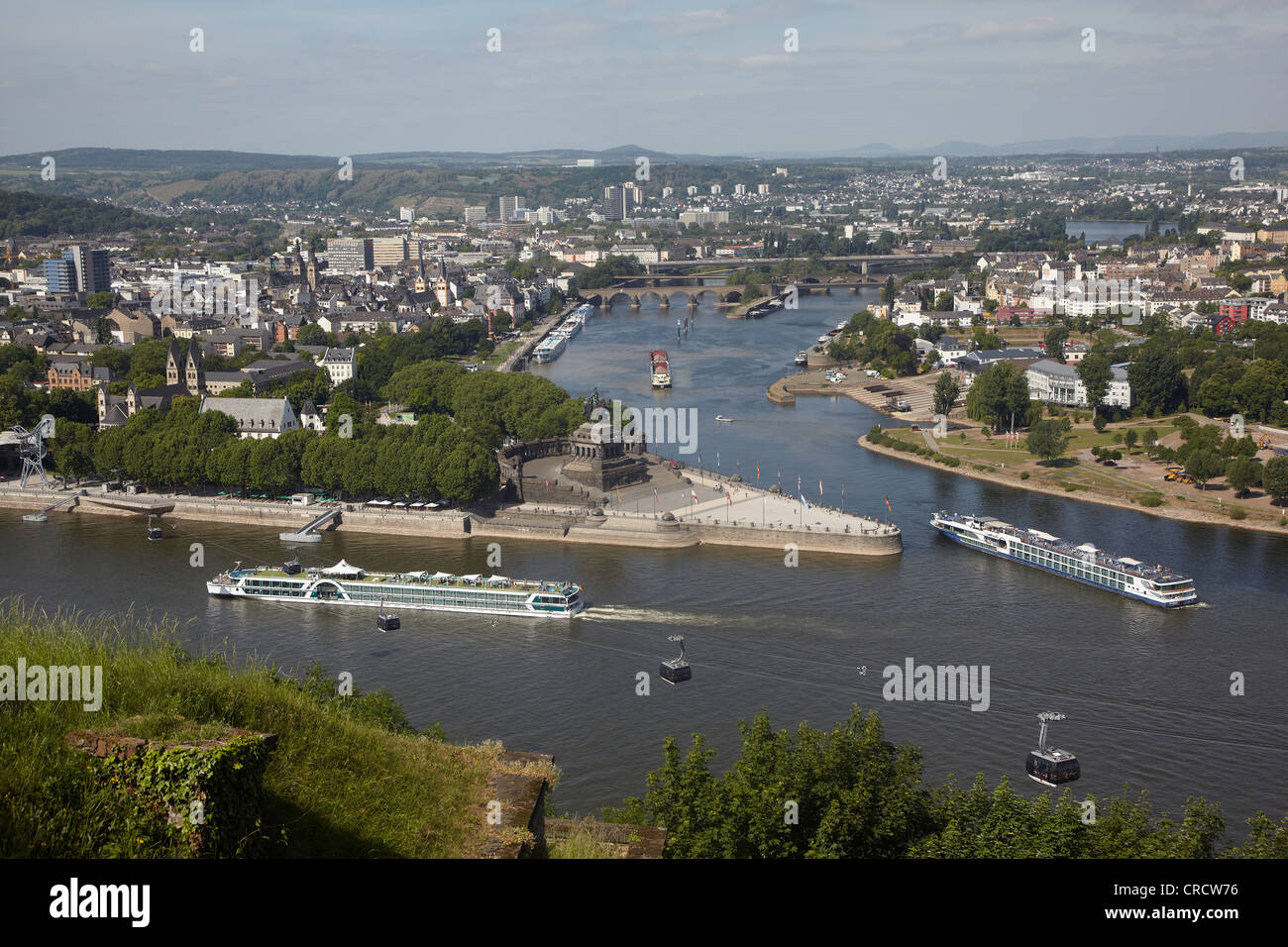 Deutsches Eck, German Corner, the confluence of the Rhine and Moselle rivers with the equestrian statue of Kaiser Wilhelm in Stock Photo