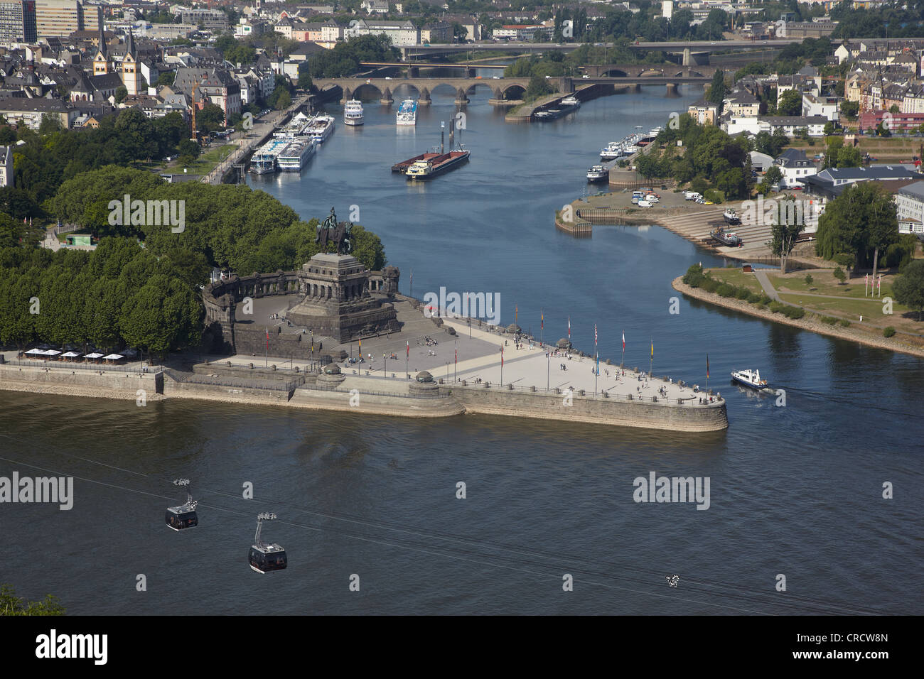 Deutsches Eck, German Corner, the confluence of the Rhine and Moselle rivers with the equestrian statue of Kaiser Wilhelm in Stock Photo