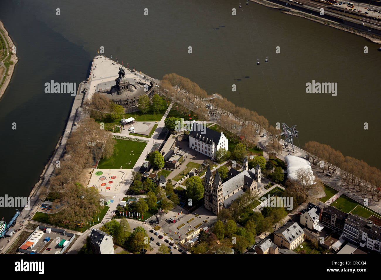 Aerial view, site of the Federal Garden Show 2011 at the Deutsches Eck headland, Koblenz, Rhineland-Palatinate, Germany, Europe Stock Photo