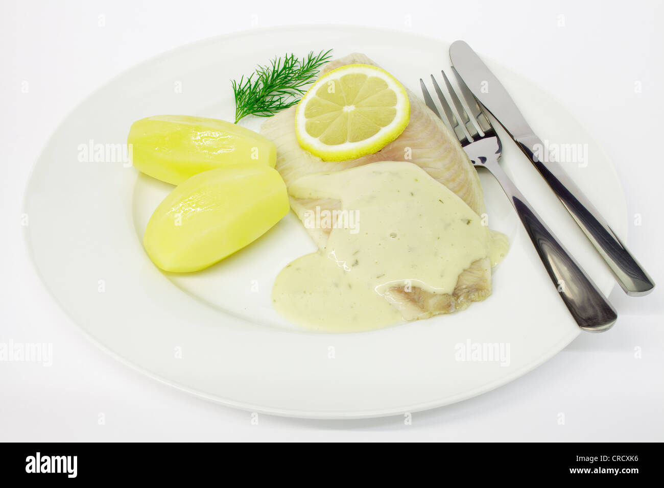 Tilapia fillet with dill sauce and boiled potatoes Stock Photo