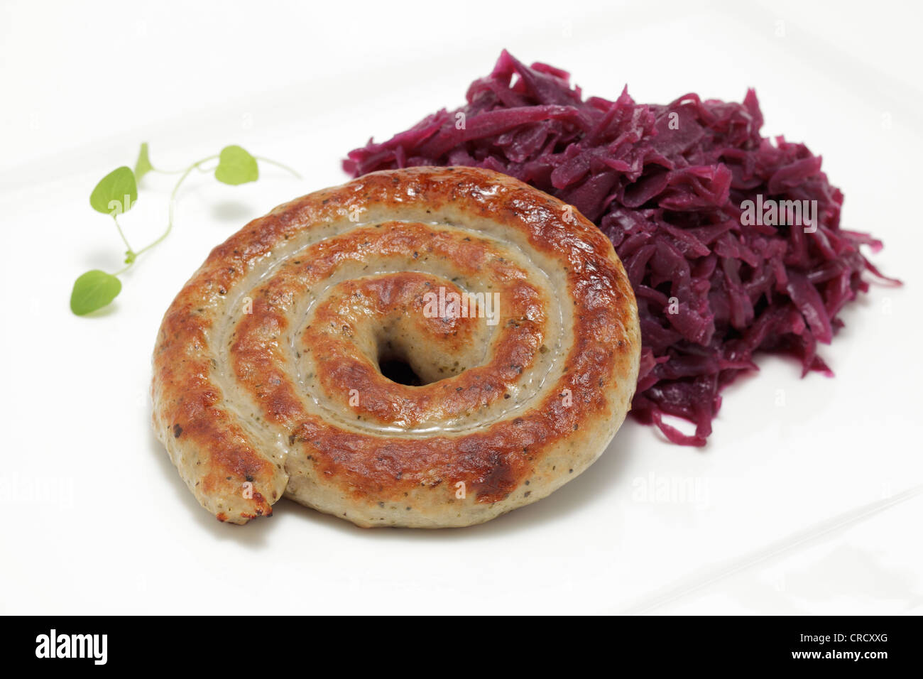 Bratwurst curl with red cabbage Stock Photo