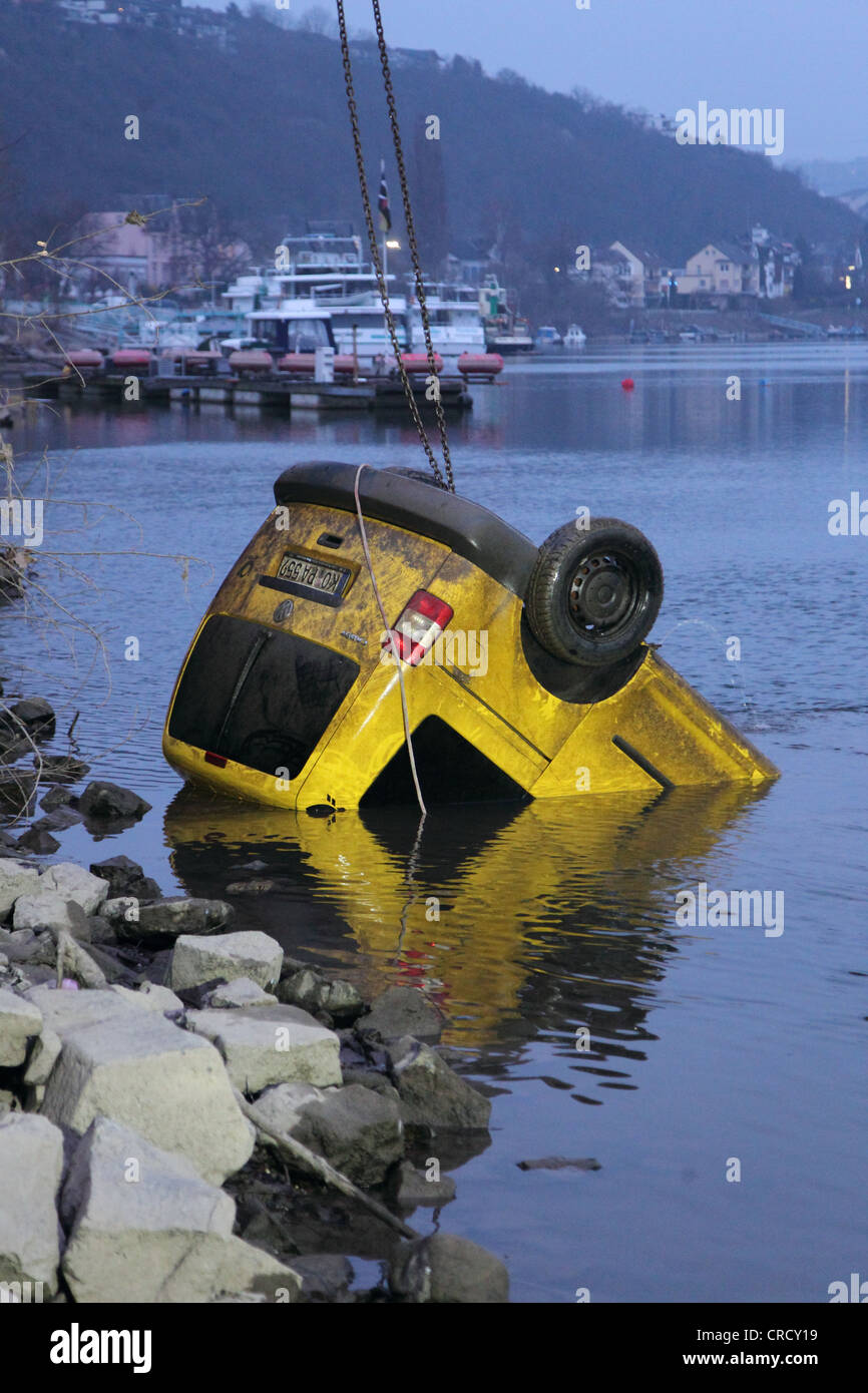 Firefighters recovering a stolen mail van from the Rhine river, Vallendar, Rhineland-Palatinate, Germany, Europe Stock Photo