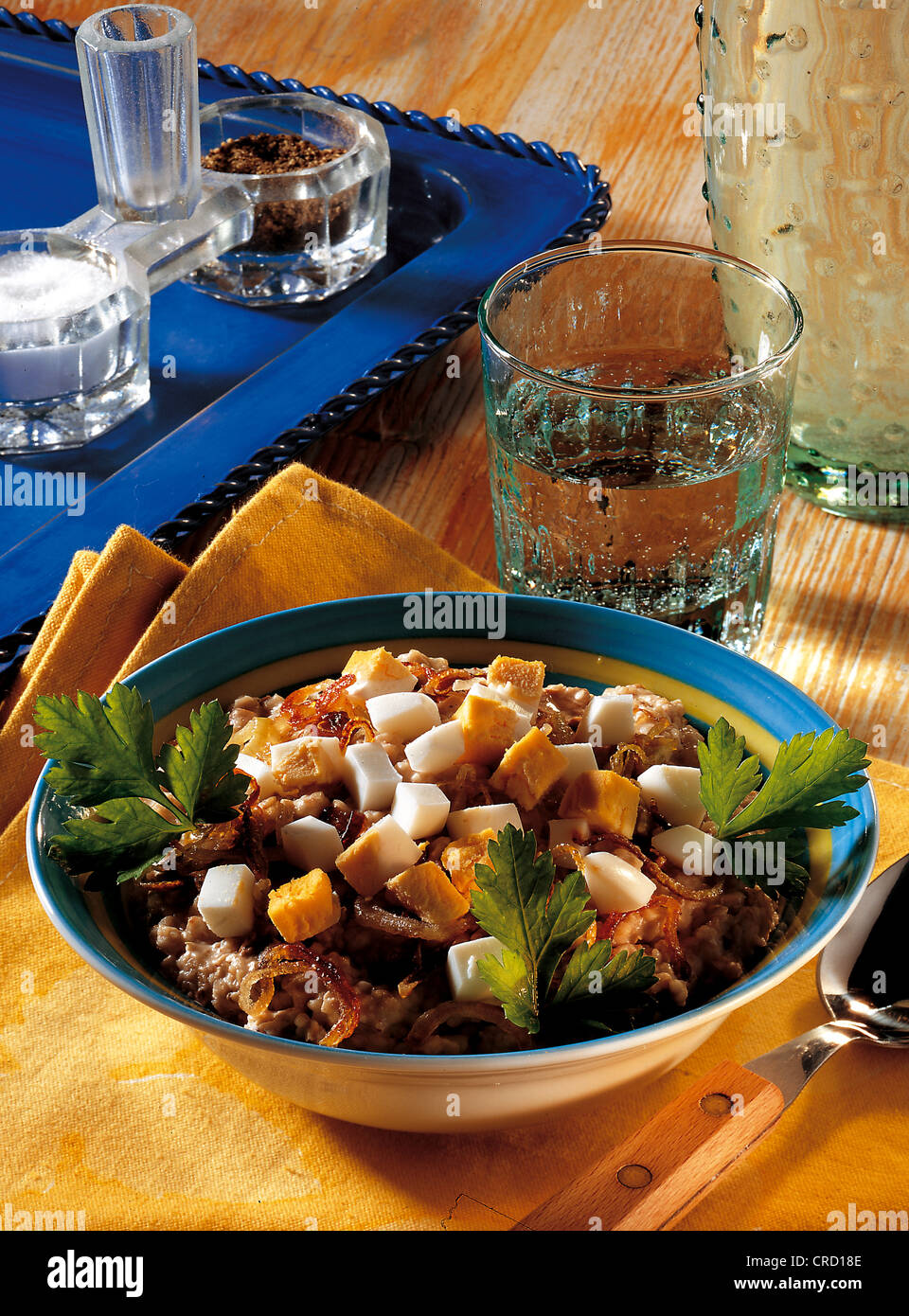 Buckwheat groats with mushrooms, eggs and sour cream, Russia Stock