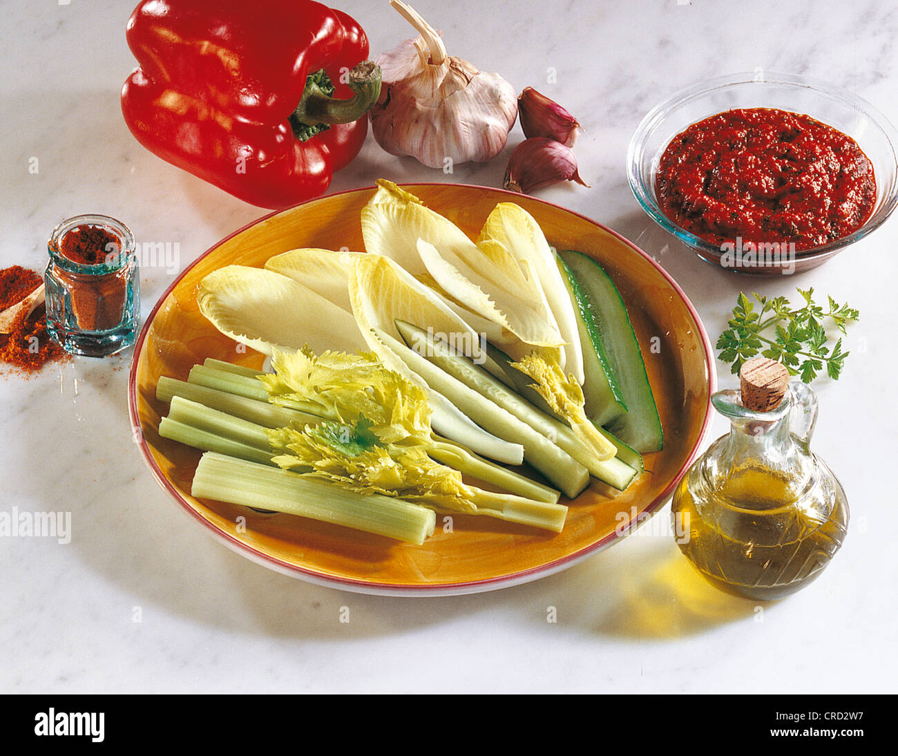 Vegetable salad with a fiery dip, USA. Stock Photo