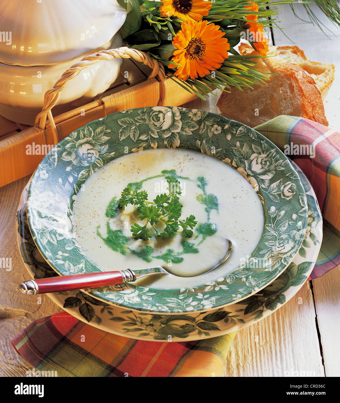 Cauliflower soup with parsley paste, refined with wine and cream, Australia. Stock Photo
