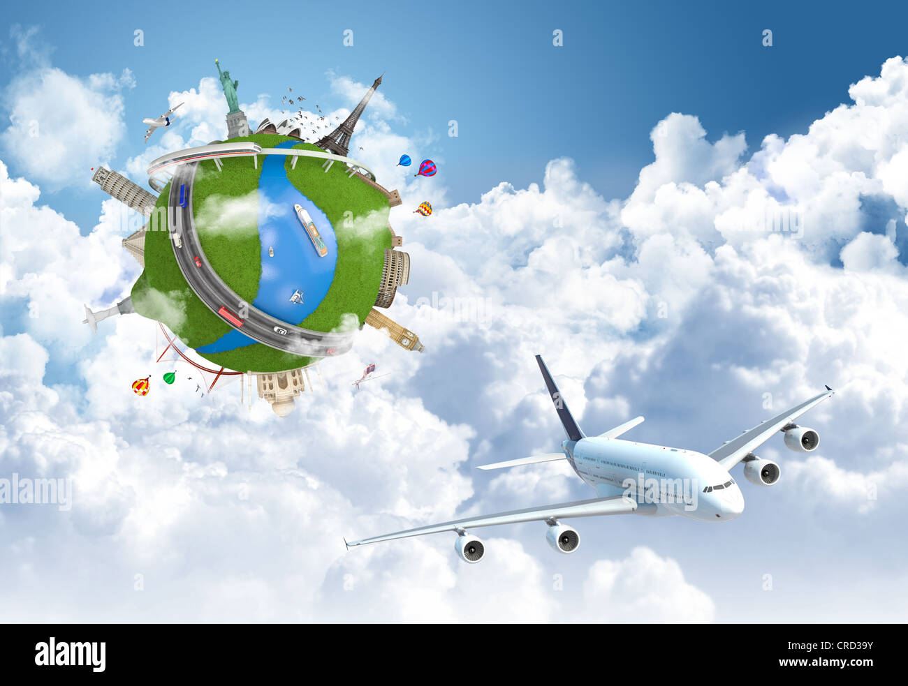 world travel globe concept with landmarks and plane flying above the clouds Stock Photo