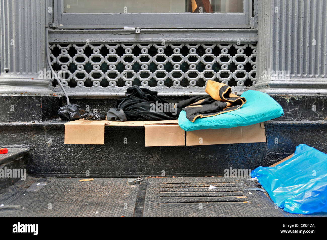 bedding of a homeless person at Financial District, USA, New York City