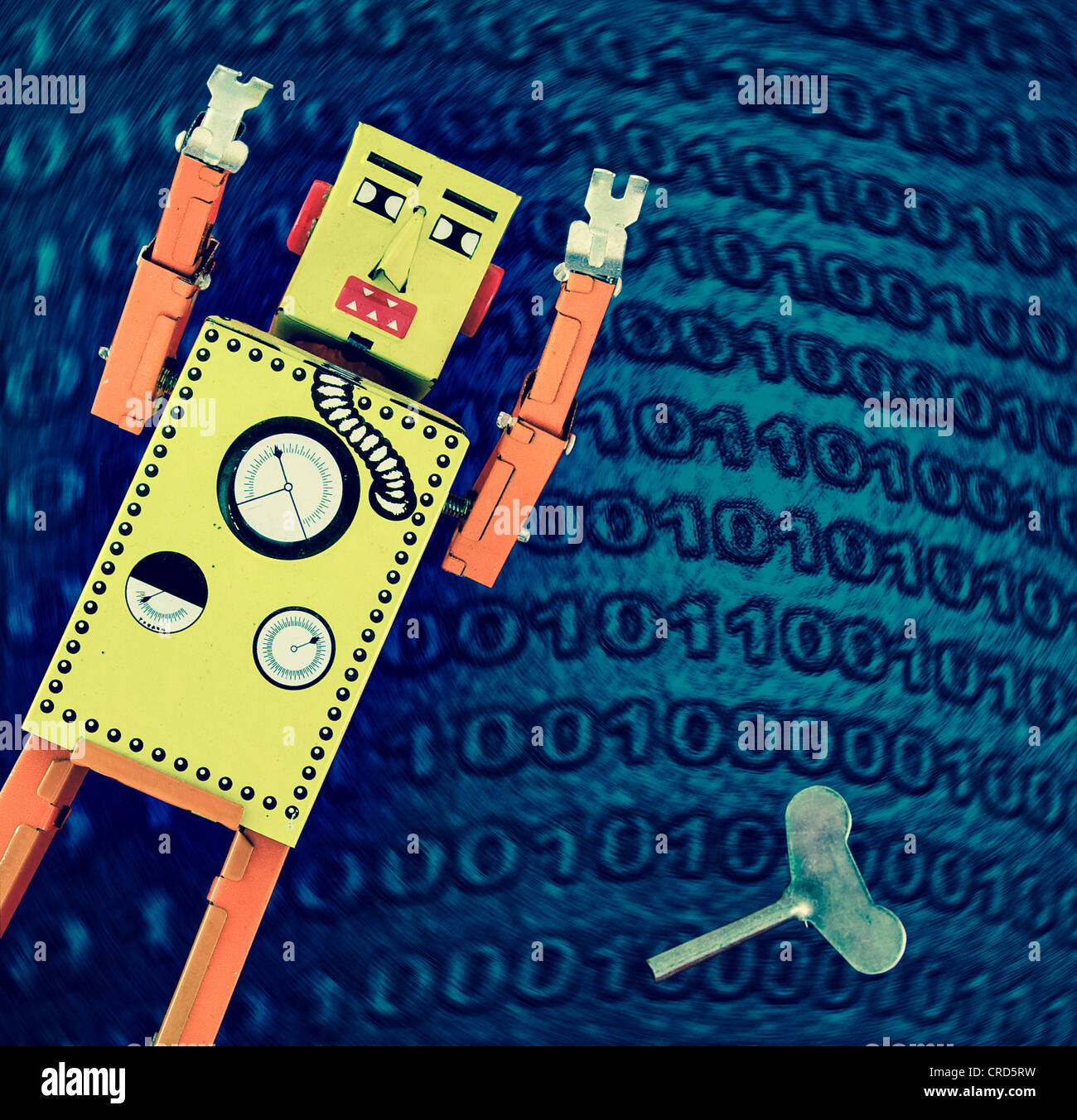 retro robot on a binary code background Stock Photo