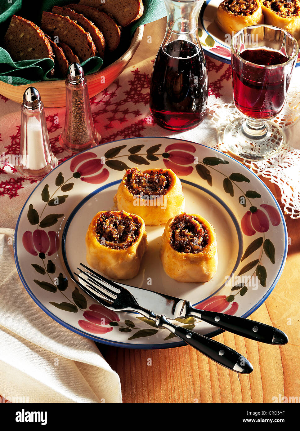 Lechtal-style savoury and spicy minced meat wrapped with pasta dough, Austria. Stock Photo