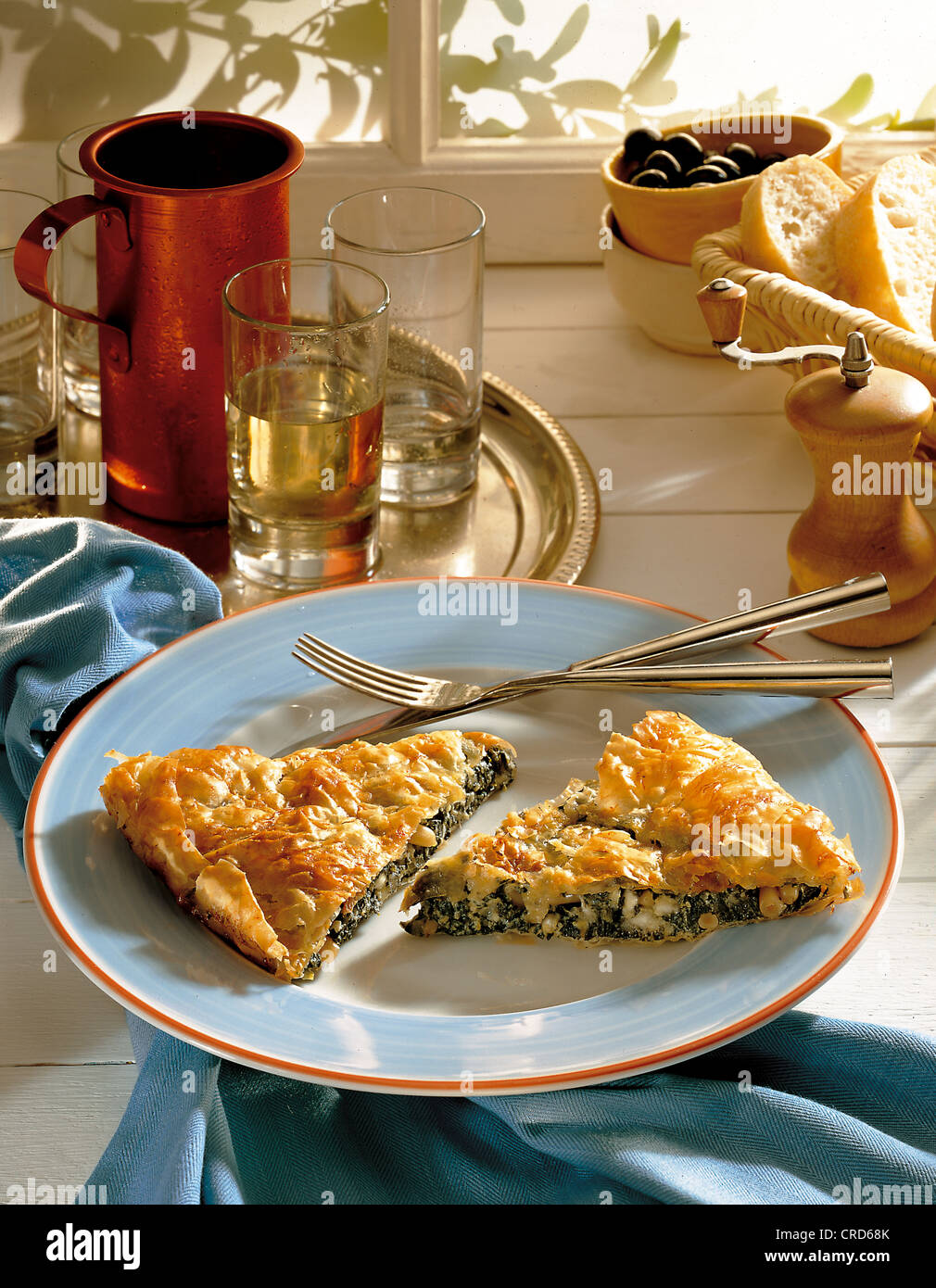 Spinach pitta Patras, spinach seasoned with garlic, sheep cheese and pine nuts wrapped with crispy filo pastry, Greece Stock Photo