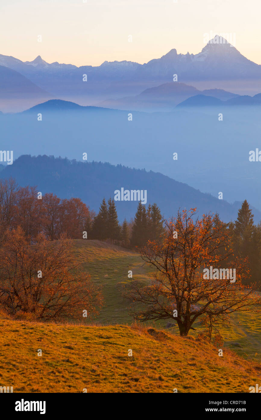 Sunset at Salzachtal, Untersberg and Watzmann in the back, Salzburger Land, Austria, Europe Stock Photo