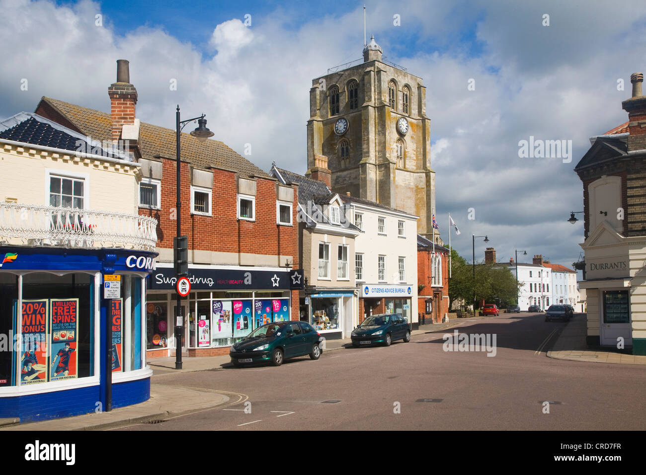 Town centre with the bell tower and shops Beccles, Suffolk, England