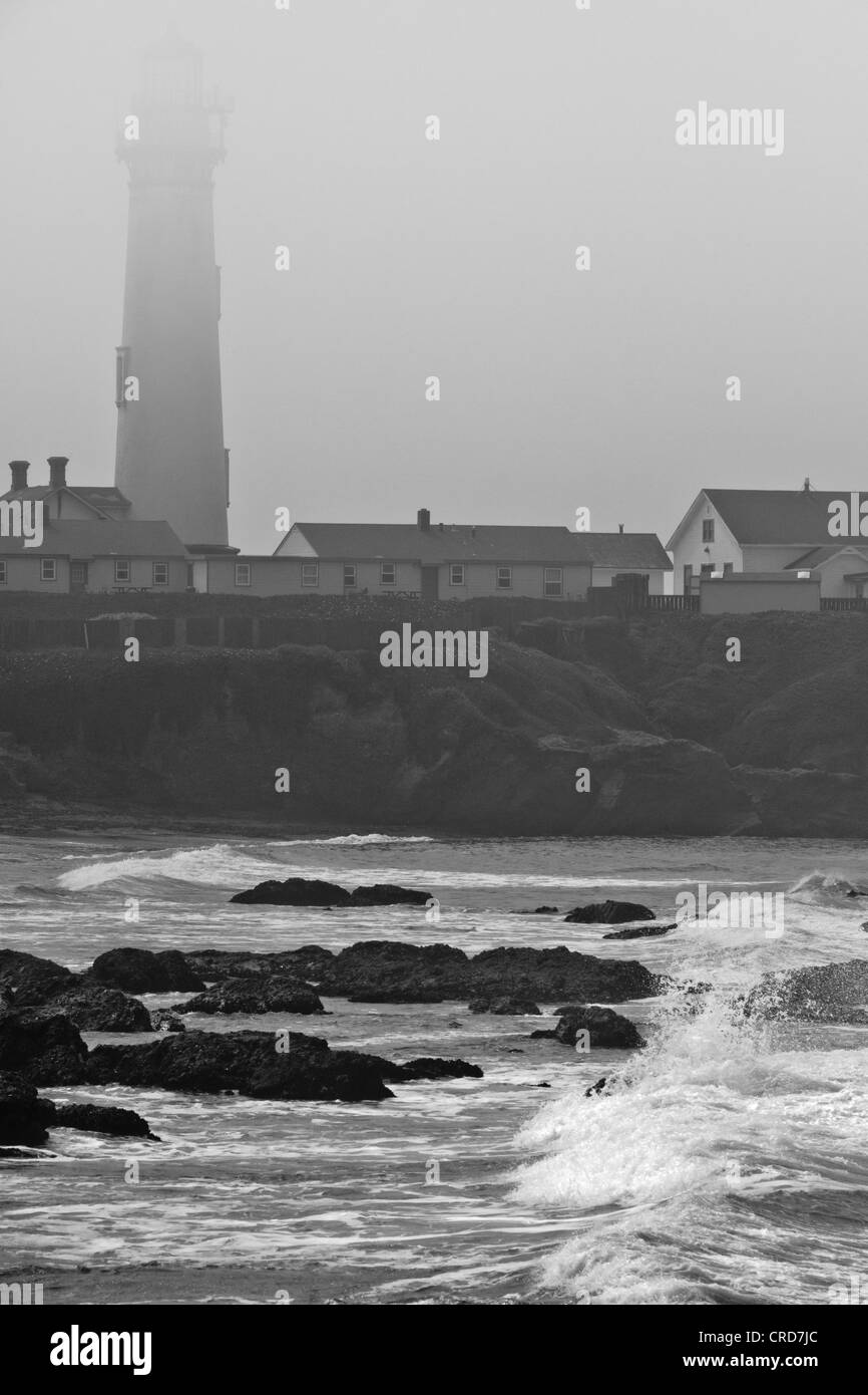Fog hovers over the top of the Pigeon Point Lighthouse while waves flow over the rocks below. Stock Photo