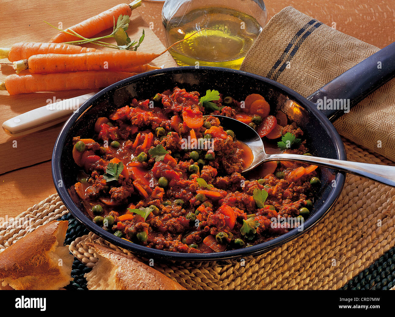 Minced meat with carrots, peas and tomatoes, Kenya. Stock Photo