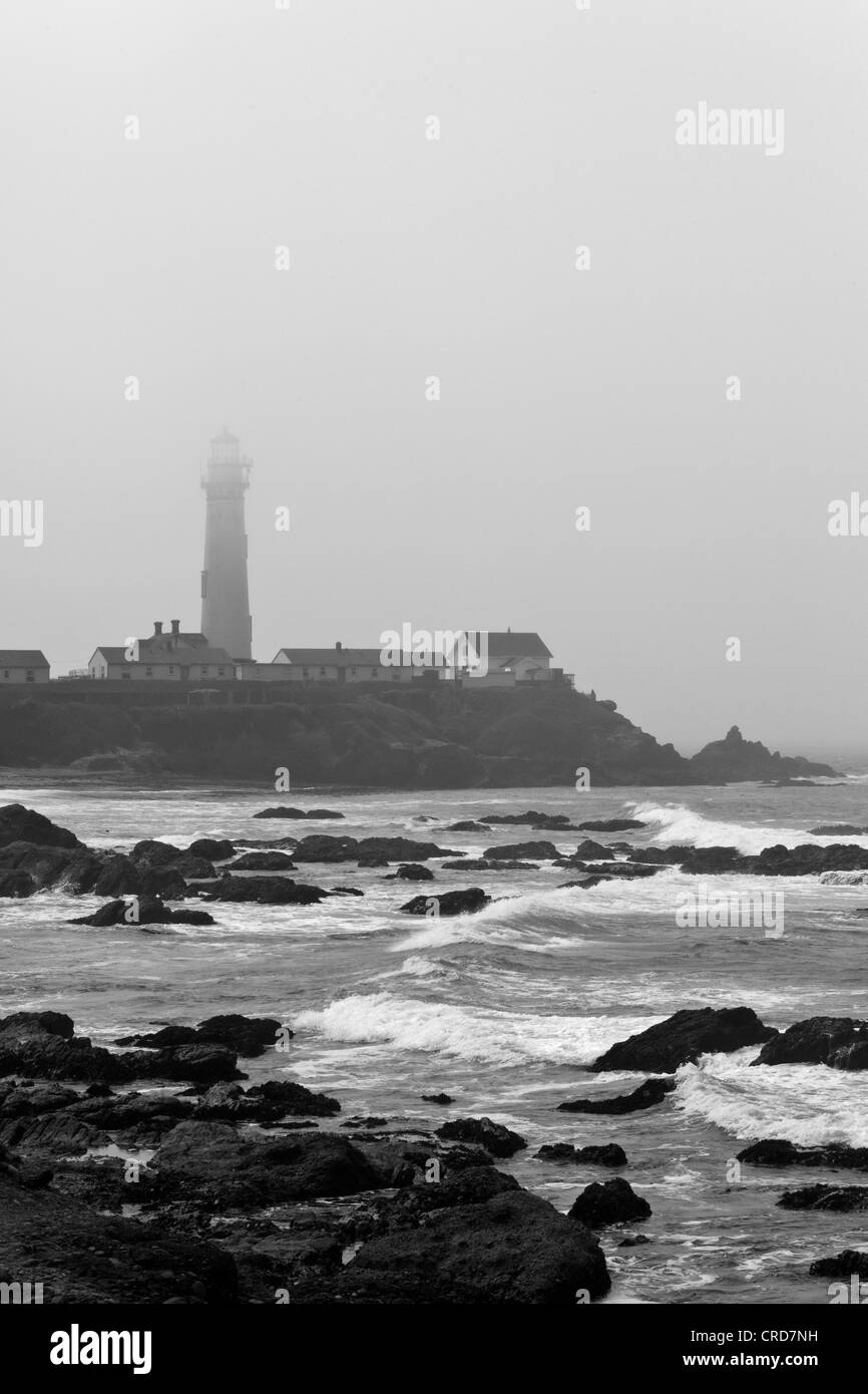 Fog nearly hides the top of the Pigeon Point Lighthouse but not the waves flowing over the rocky coast below. Stock Photo