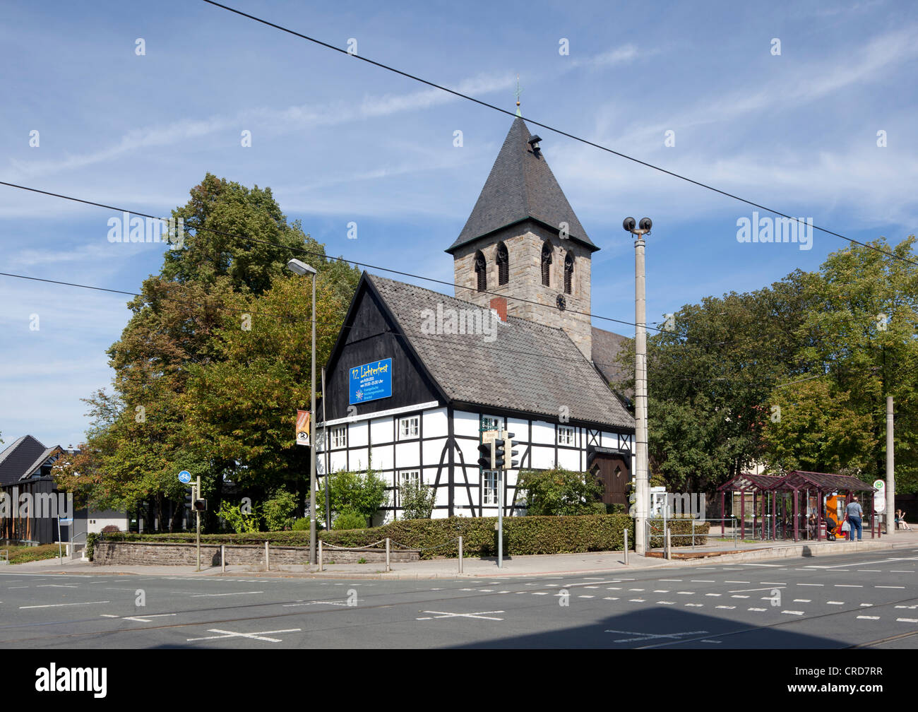 Protestant Church of Brackel, half-timbered house, Dortmund, Brackel district, Ruhr Area, North Rhine-Westphalia, PublicGround Stock Photo