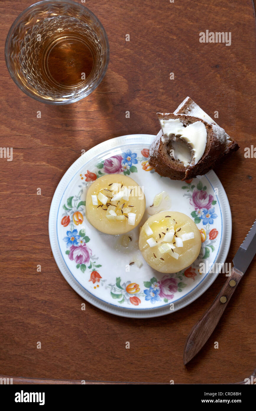 Cider and two marinaded german hand cheese with onions Stock Photo Alamy