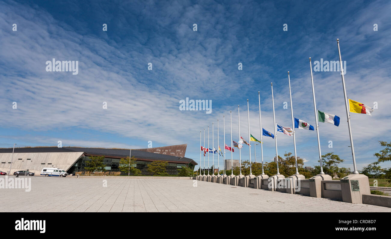 Half Mast Approach to Canada's War Museum. Flags fly at half mast
