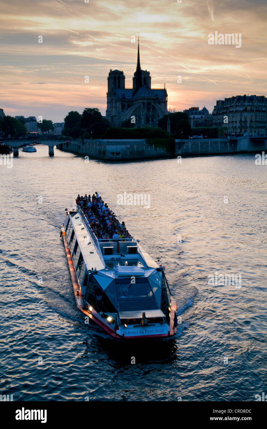 Notre Dame and excursion boat on river Seine, Paris, France, Europe