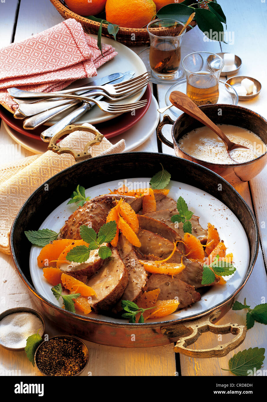 Roast veal with orange fillet and a hint of nutmeg and coriander, Israel. Stock Photo
