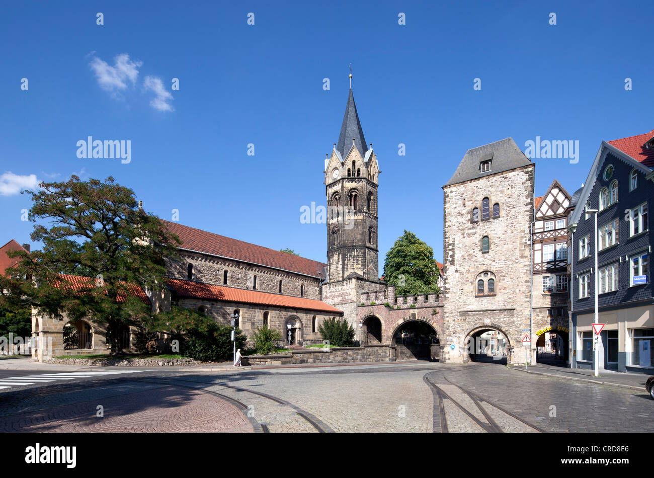 Nikolaikirche church, Nikolaitor, a medieval city gate, Karlsplatz square, Eisenach, Thuringia, Germany, Europe, PublicGround Stock Photo