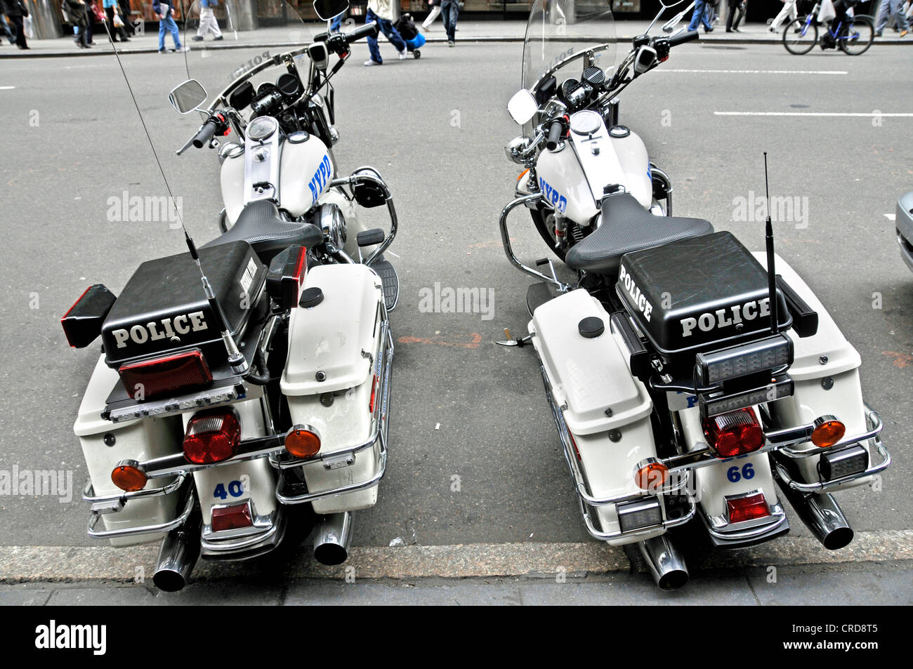 two police motor bicycles of the NYPD by Harley Davidson, USA, New York City, Manhattan Stock Photo