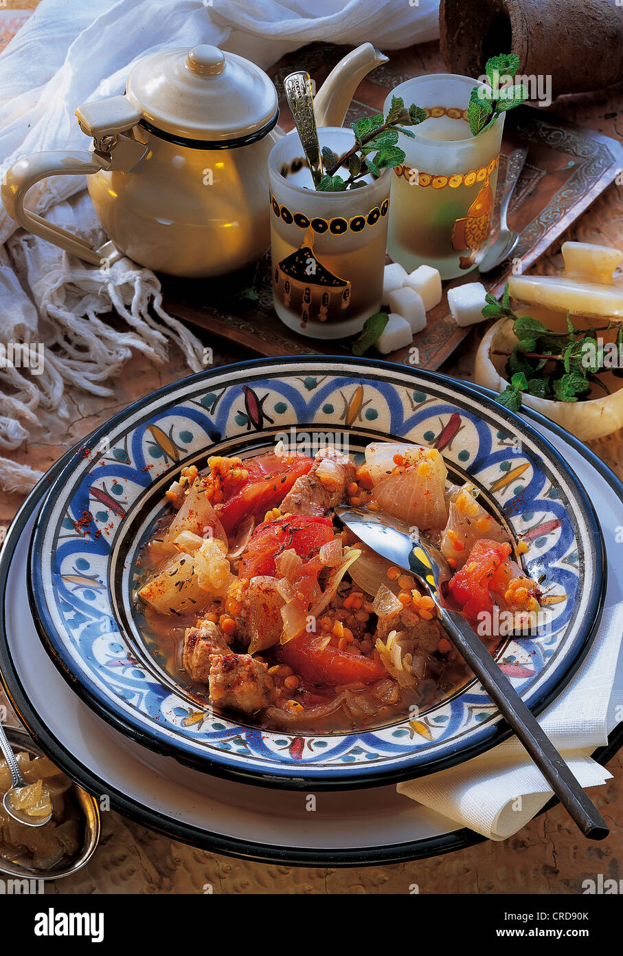 Spicy lentil stew with veal and tomatoes, hearty stew, Egypt Stock