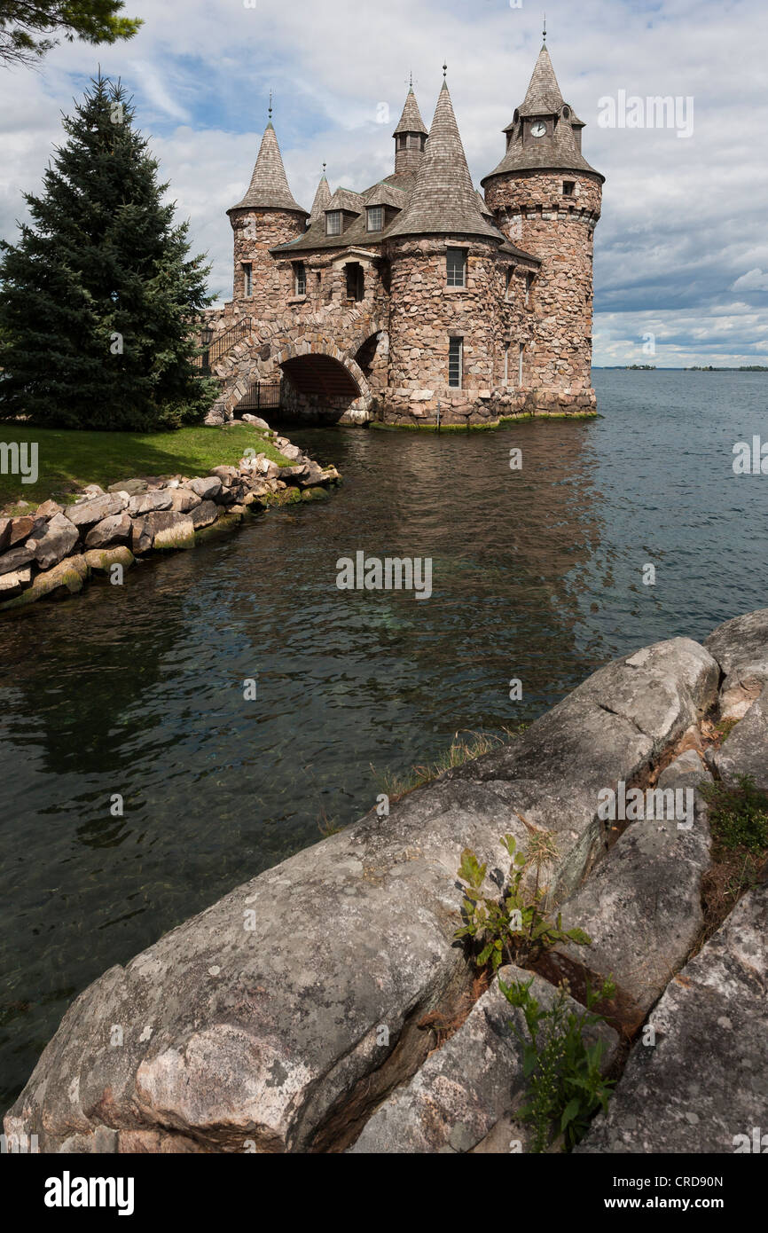 The Power House at Boldt Castle. A fanciful collection of towers and a bridge hide the island's power plant. Stock Photo